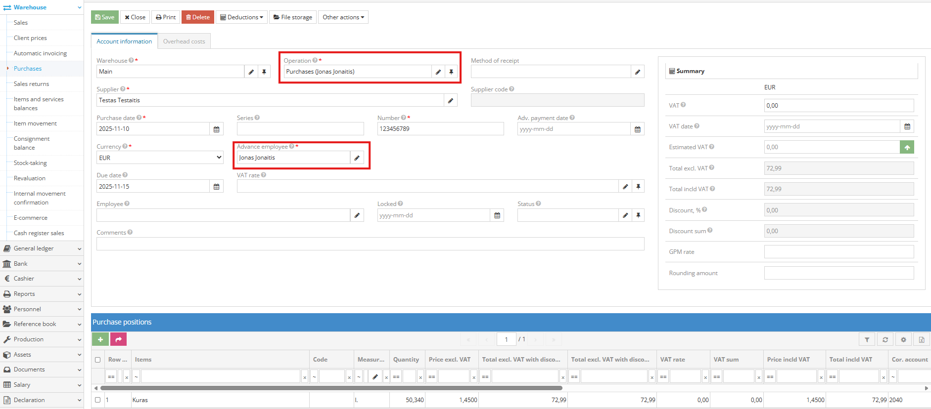 Purchase document registration form with advance employee field