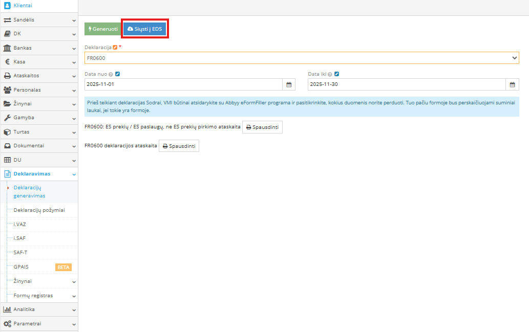 Deklaracijos siuntimo į EDS veiksmas