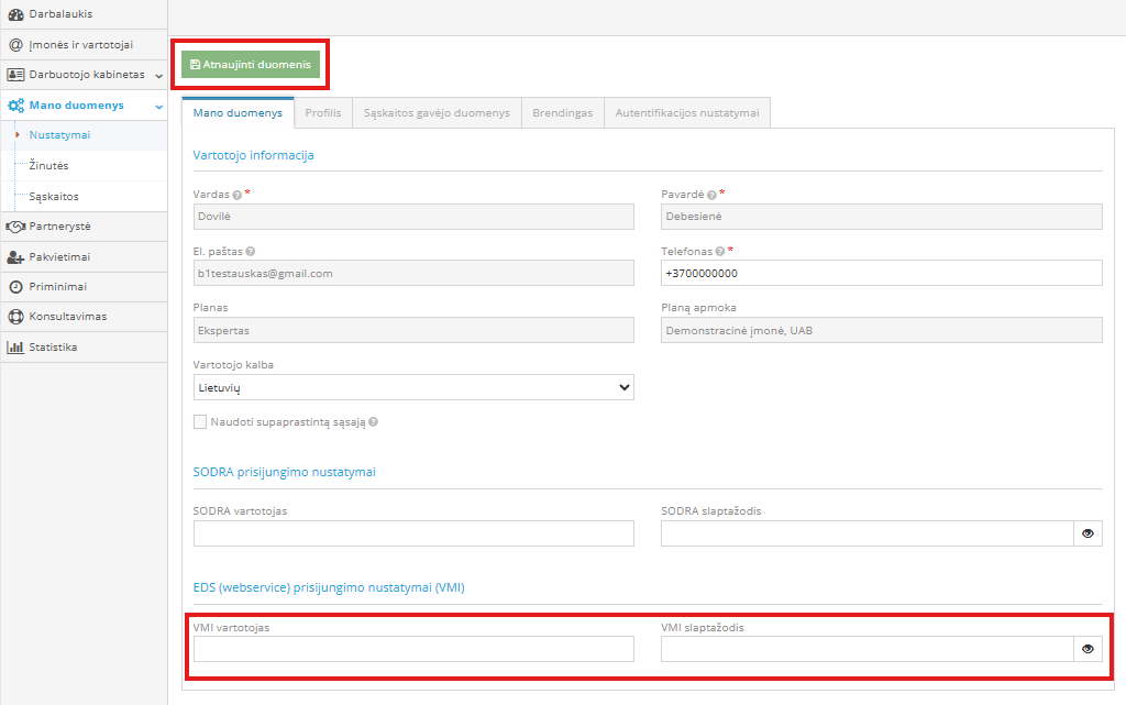 EDS prisijungimo duomenų pildymo langas