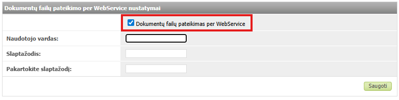 Dokumentų failų pateikimo per WebService nustatymų langas