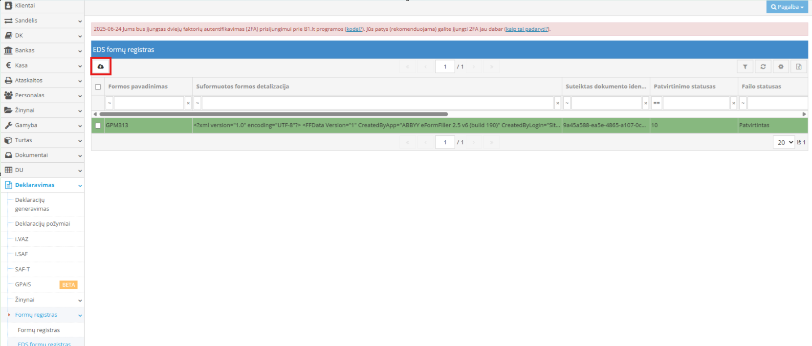 Išsiųstų deklaracijų sąrašo ir būsenos atnaujinimo langas