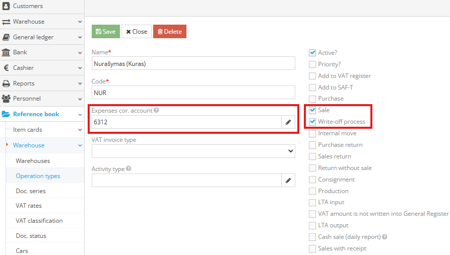 Creating operation type Write-off with expense account specified