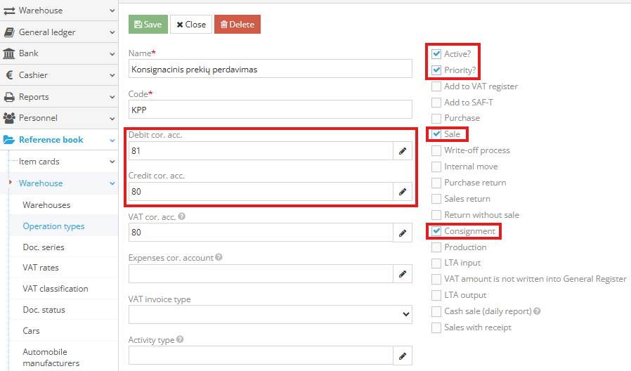 Consignment goods transfer operation type example