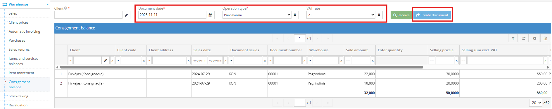 Creating sales document for consignment goods