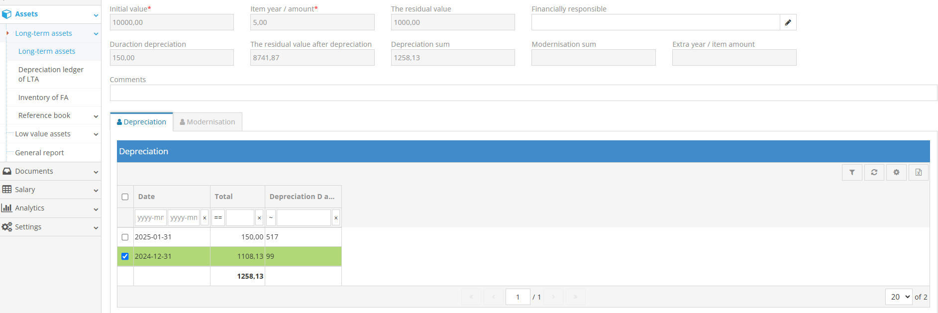 Registering depreciation for long-term asset