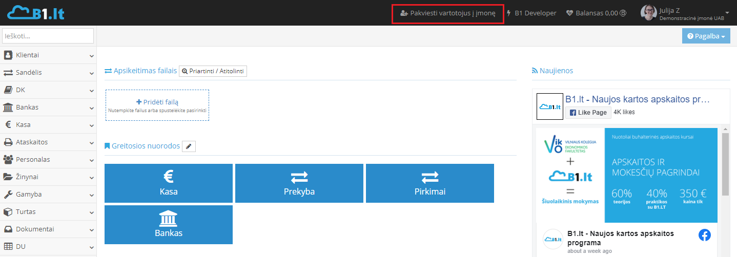 Kvietimo įmonės vartotojui mygtukas administracinėje panelėje