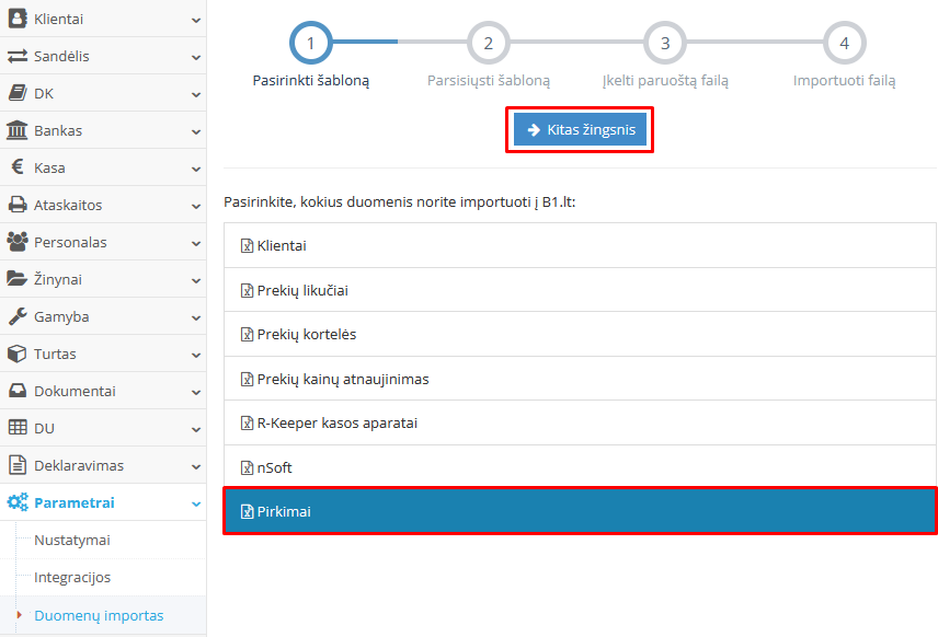 Pirkimų duomenų importo tipo pasirinkimas