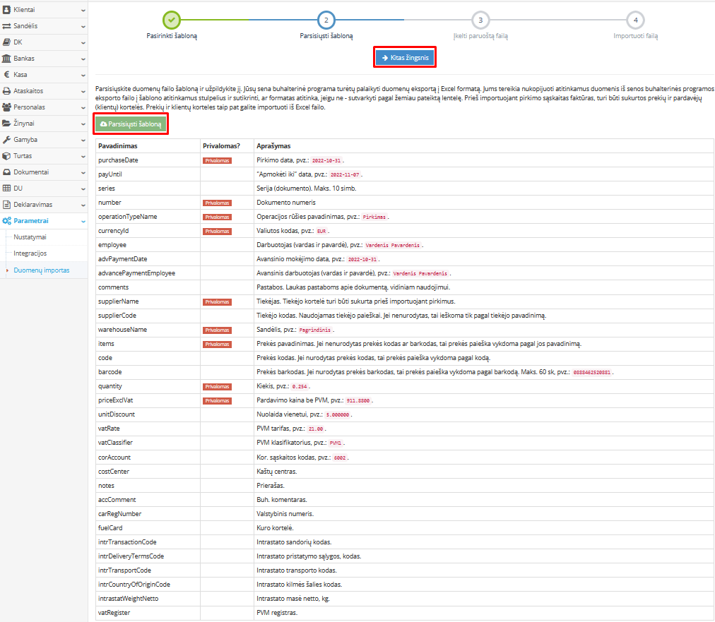 Excel šablono parsisiuntimo langas