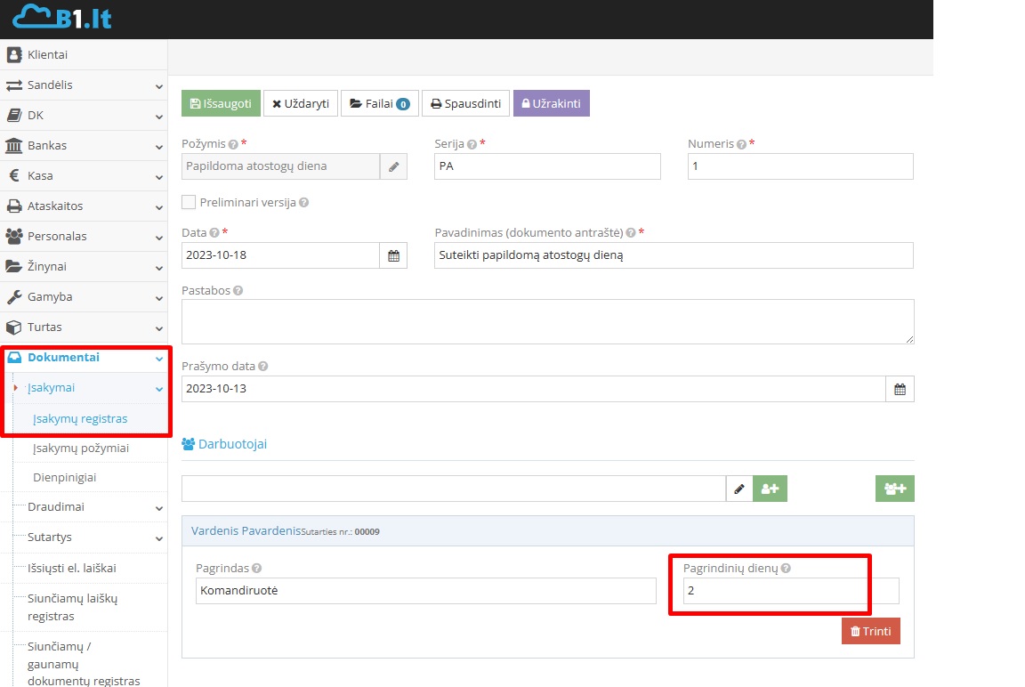 Papildomų atostogų įsakymo formavimas ir dienų nurodymas