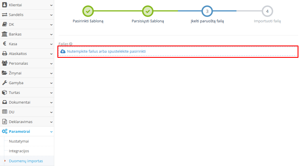 Paruošto failo įkėlimo langas