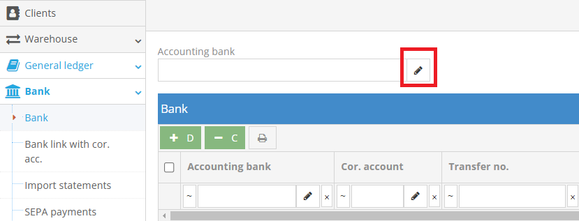 Selecting the accounting bank account in the system interface
