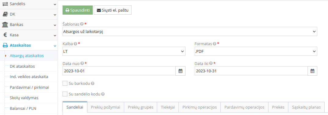 Atsargų ataskaitų sąrašo langas