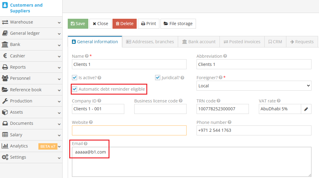 Client card with automatic debt reminder option