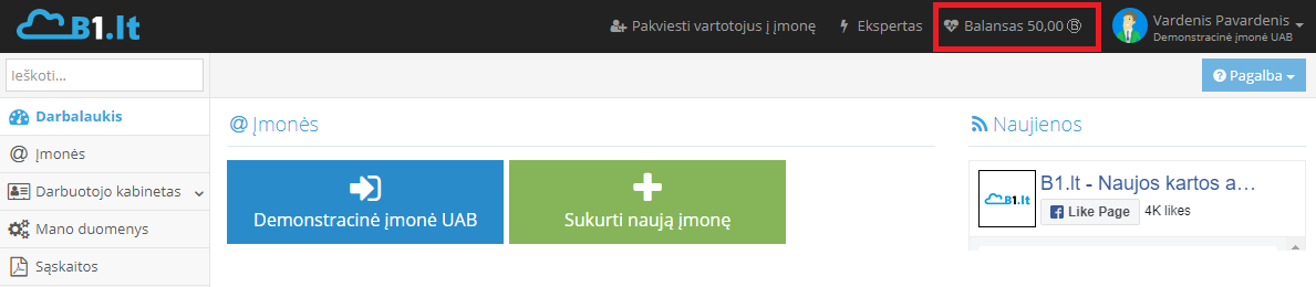 Naujas įmonės balanso likutis po papildymo