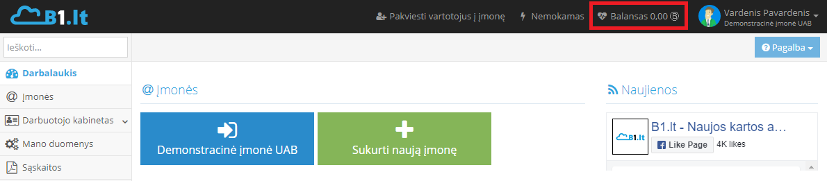 Balanso peržiūra Site.pro programoje