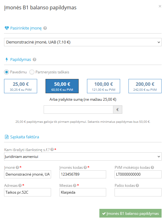 Balanso papildymo rekvizitų užpildymo forma