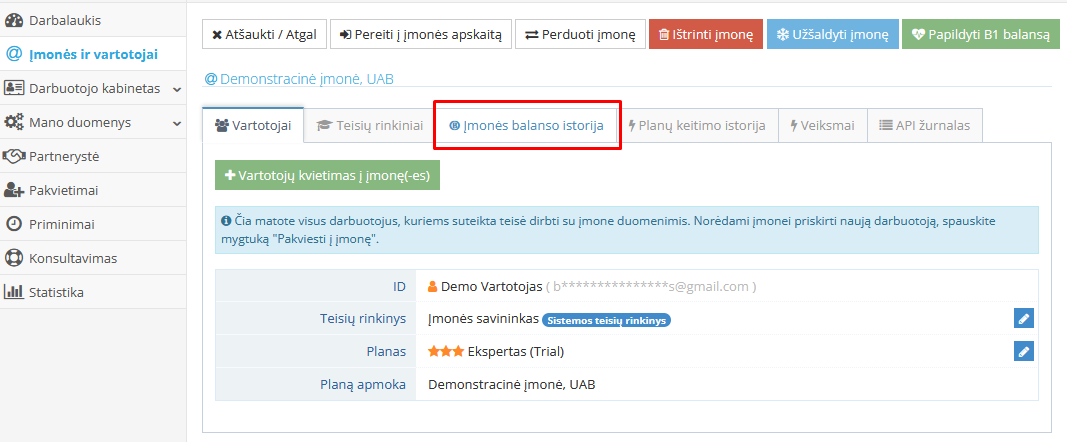 Įmonės balanso istorijos peržiūra