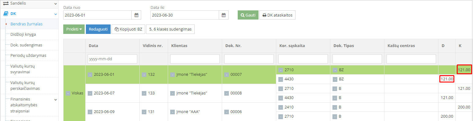 Pasirinkto įrašo eilutės pažaliavimas bendrame žurnale