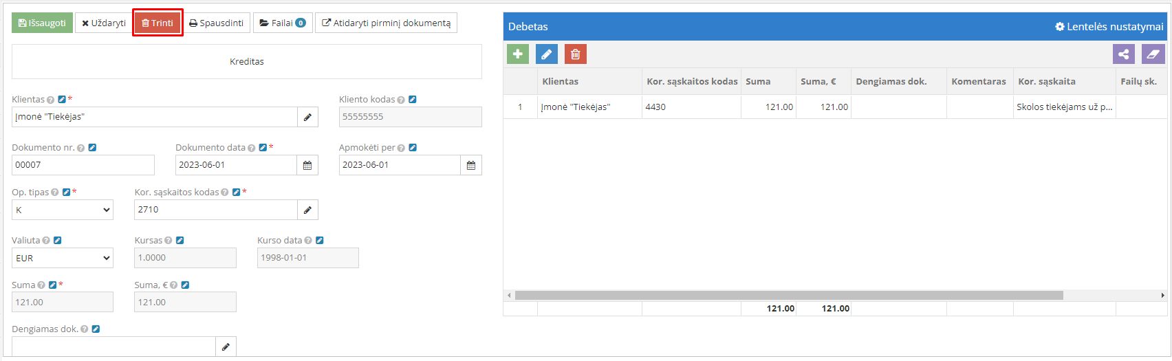 Trinimo mygtukas įrašo redagavimo lange