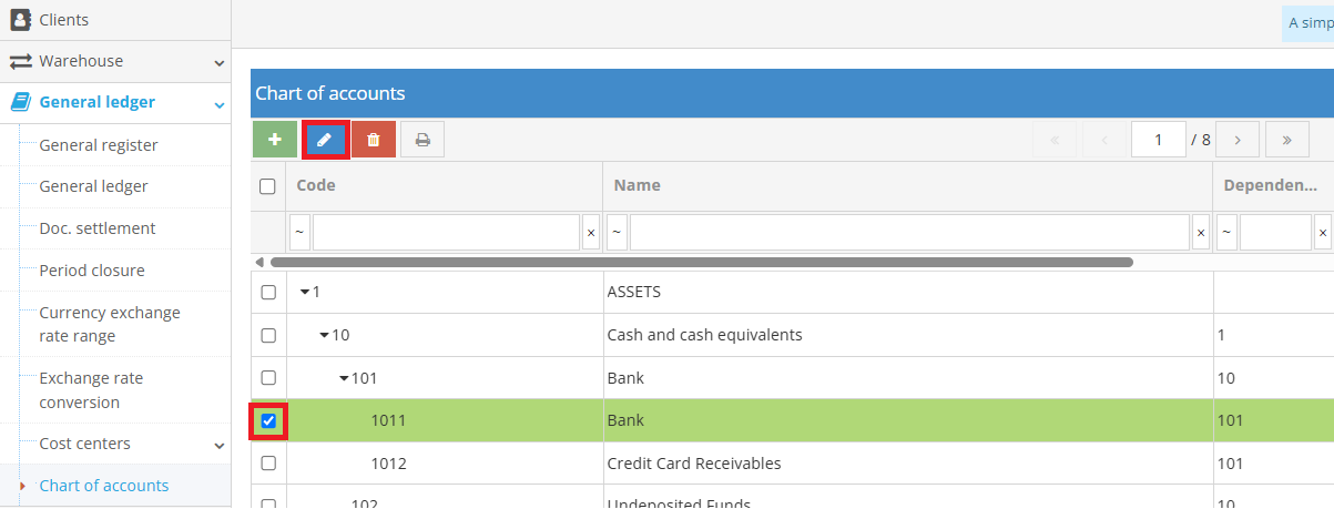 Редактирование счета в плане счетов