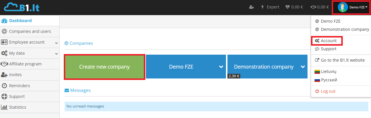 Creating a new company in the dashboard interface