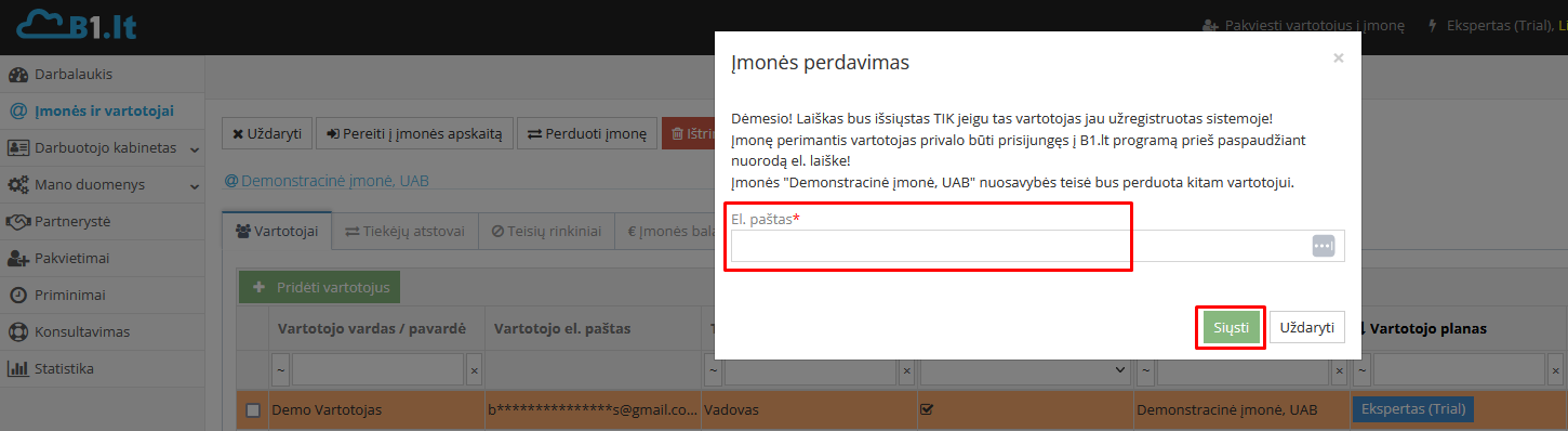 Įmonės perdavimo kvietimo siuntimas naujam savininkui