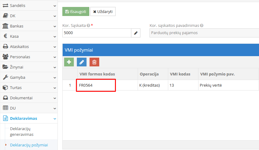 Didžiosios knygos sąskaitų susiejimas su FR0564 deklaracijos straipsniu
