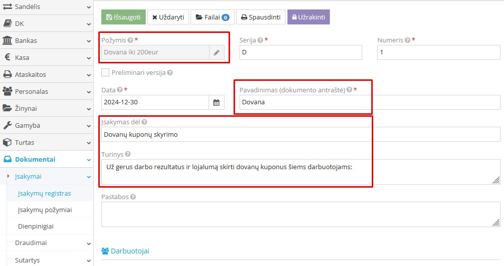 Dovanos įsakymo pavyzdys