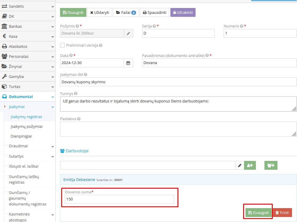 Dovanos įsakymo formavimo langas