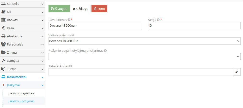 Dovanos požymio sukūrimo forma