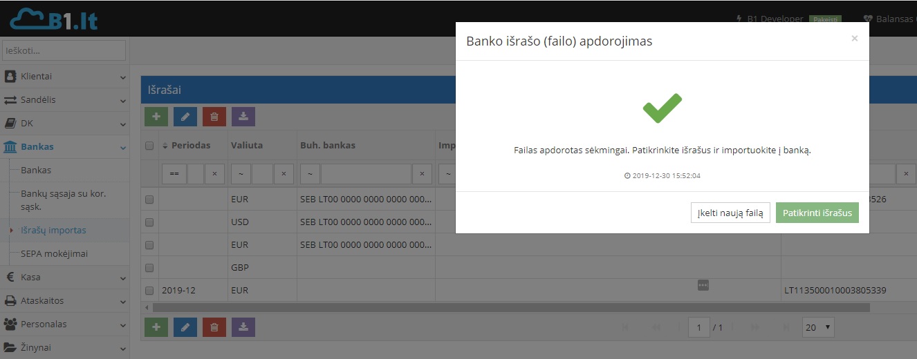 Banko išrašo failo apdorojimo pranešimas