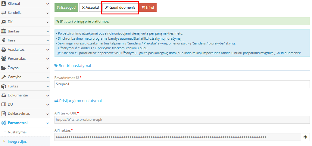 Duomenų gavimo mygtukas integracijų lange