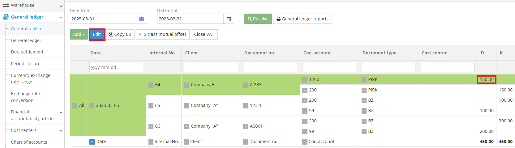 Editing accounting entry in general journal screenshot