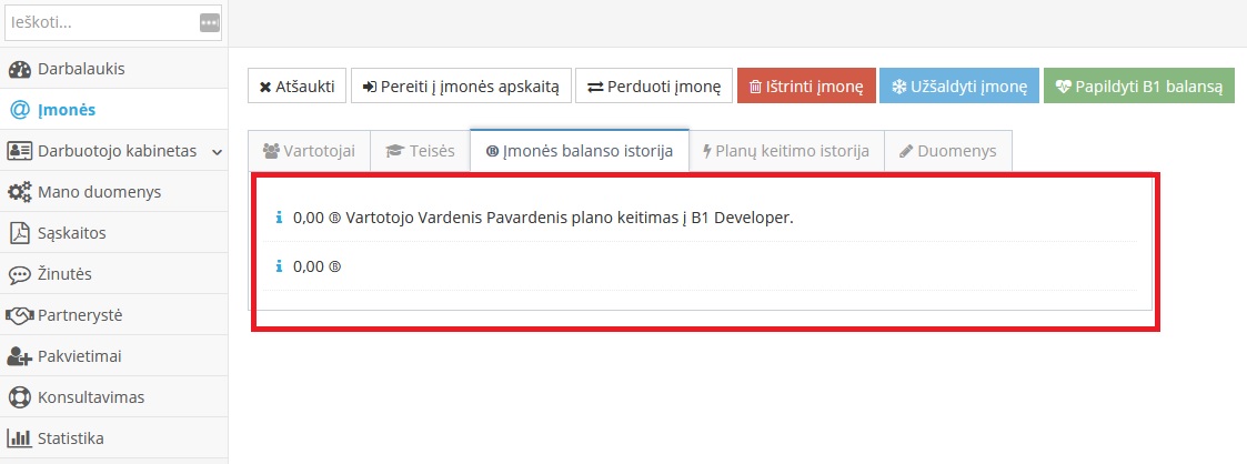 Įmonės balanso istorijos detalus vaizdas