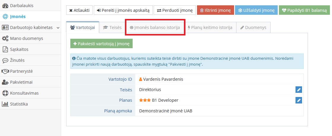 Įmonės balanso istorijos lentelės peržiūra