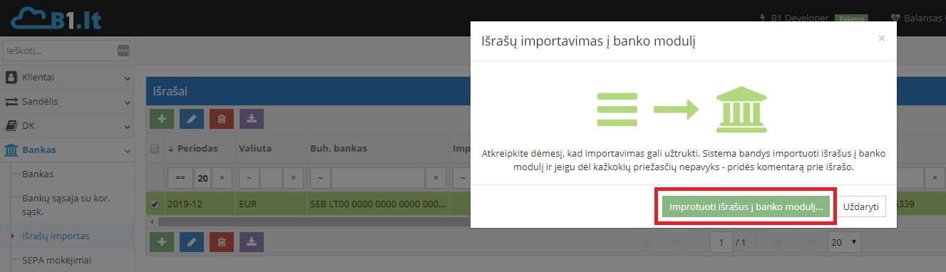 Banko įrašų importo rezultato langas