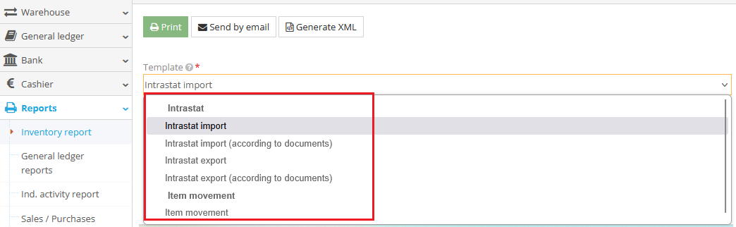 Example of Intrastat report template selection