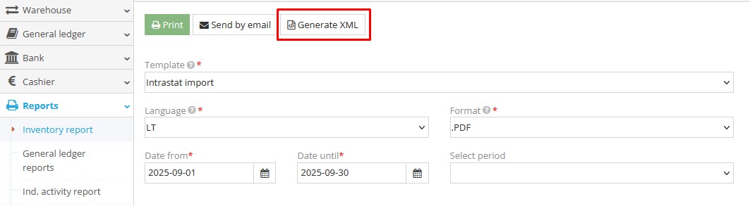 Generated Intrastat report in XML format for IDAIS system