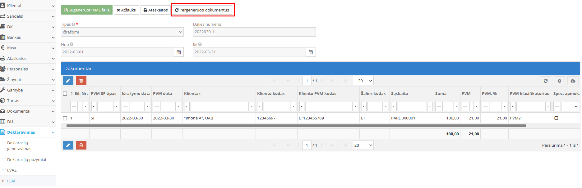 Pergeneruoti dokumentus mygtukas i.SAF lange