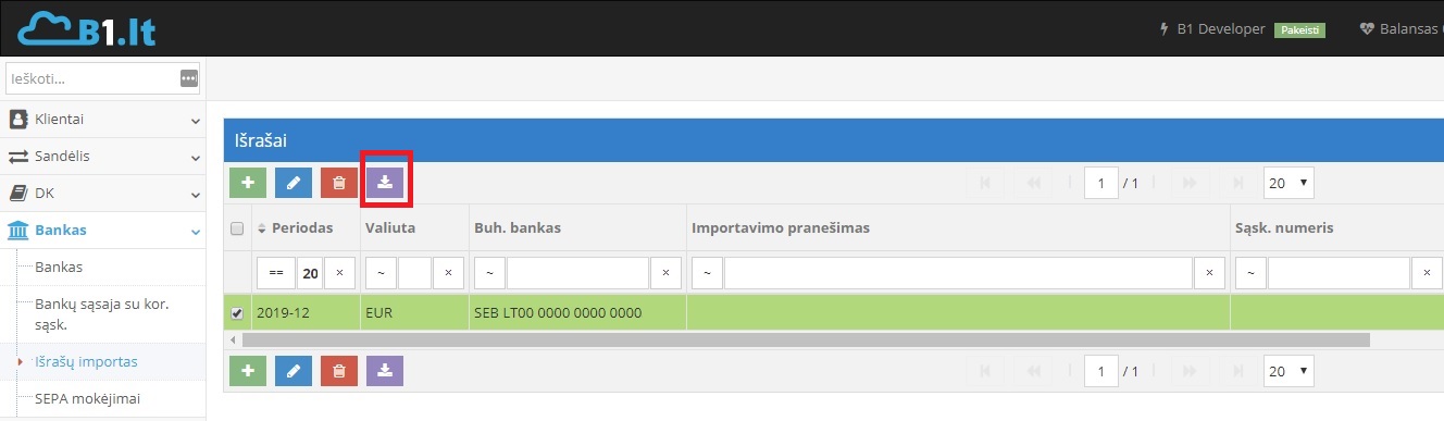 Banko išrašų importavimo mygtukas modulyje