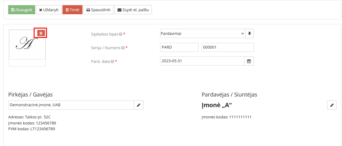 Logotipo ištrynimo mygtukas pardavimo įraše