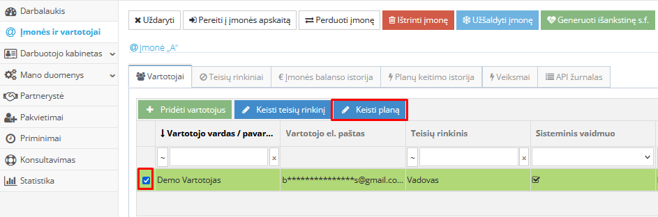 Vartotojo pažymėjimas ir plano keitimo mygtukas