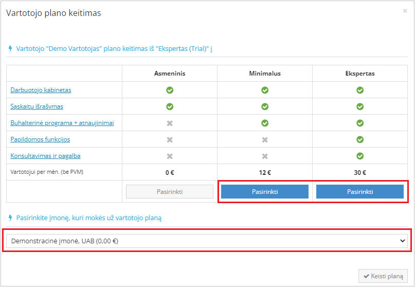 Pasirinkite kas mokės ir norimą planą plano keitimo lange