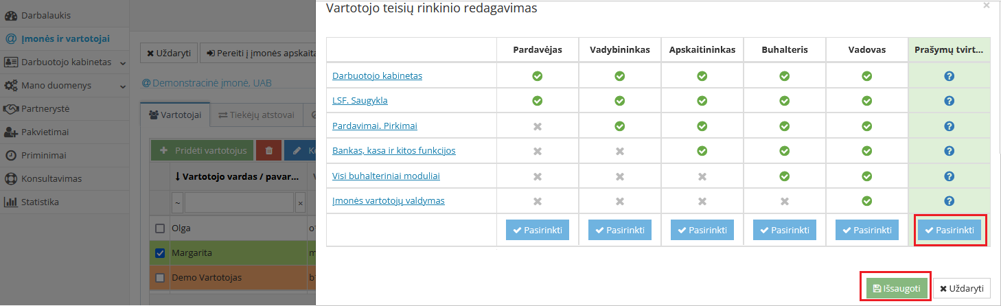 Teisių rinkinio keitimo langas darbuotojui
