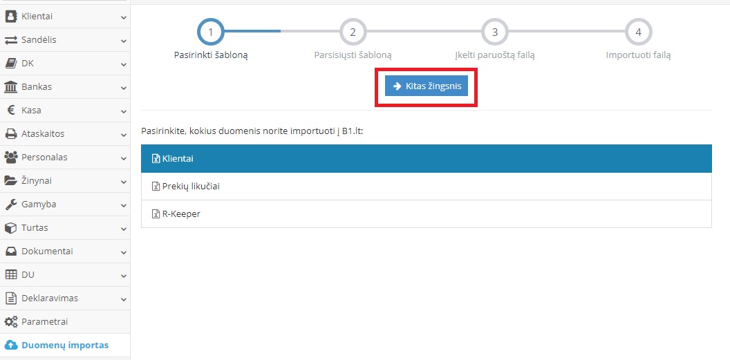 Modulio klientai pasirinkimas ir rodyklės paspaudimas kitam žingsniui