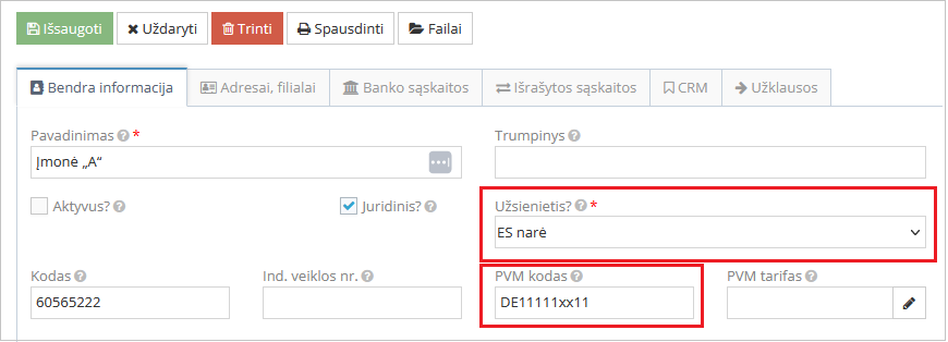 Kliento kortelės pavyzdys su ES šalies pasirinkimu ir PVM kodu