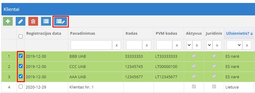 Klientų pasirinkimo langas masinio atnaujinimo pradžiai