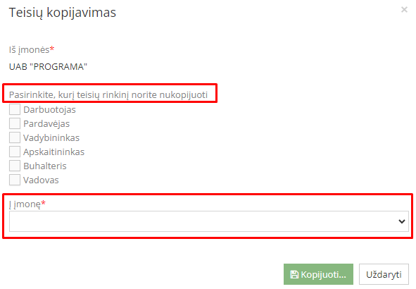Teisių rinkinio kopijavimo langas programoje