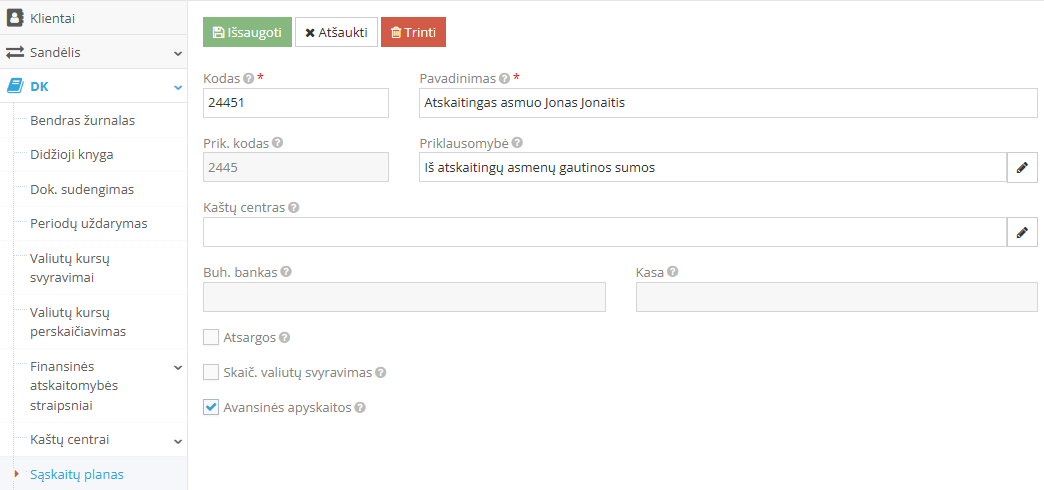Atskaitingo asmens kor. sąskaitos sukūrimo langas