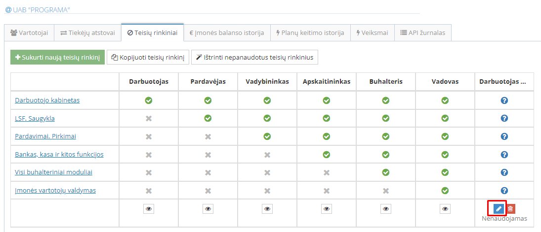Teisių rinkinio koregavimo langas